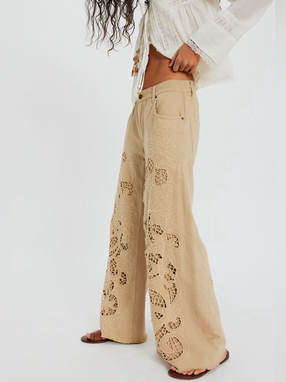 Free People Cut To The Chase Flare Jeans We The Free Embroider Cutwork Lace Tan - Picture 2 of 7